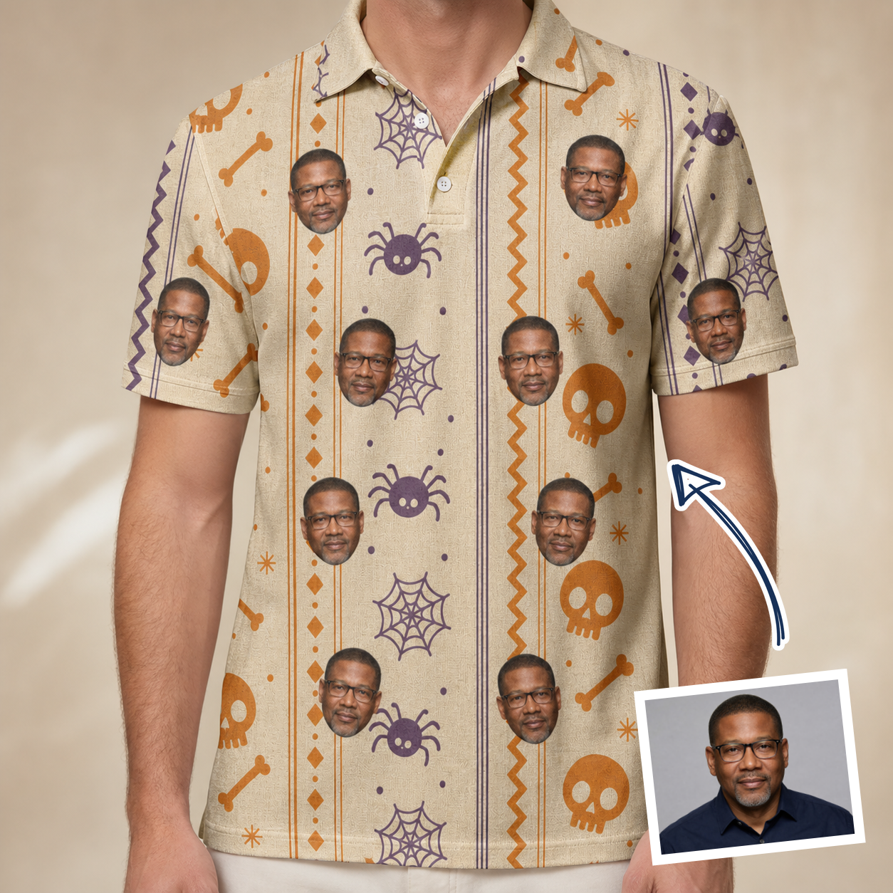 Man wearing Men's Webbed Bones Custom Face Polo Shirt — custom faces printed all-over