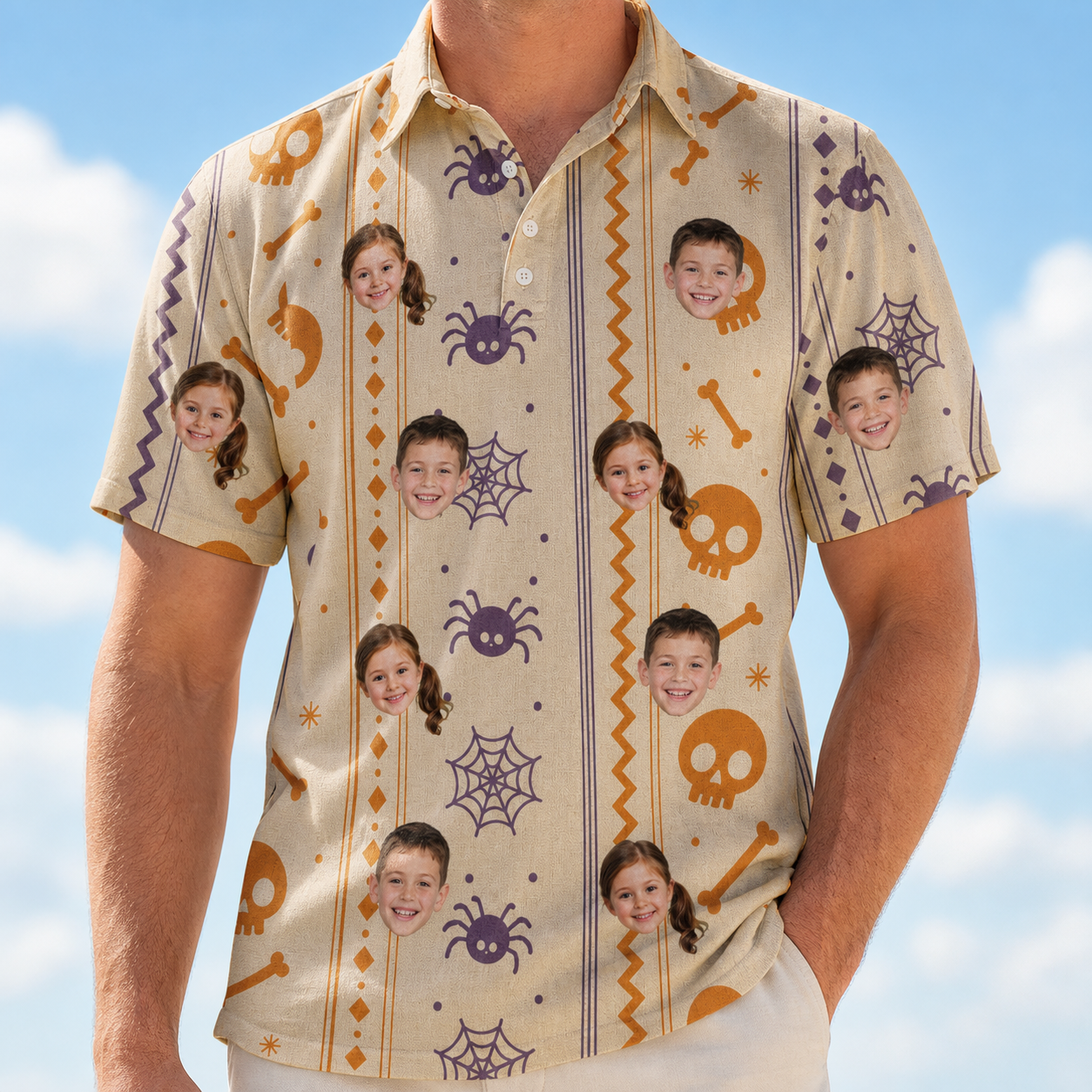 Model wearing Men's Webbed Bones Custom Face Polo Shirt printed with kids' faces
