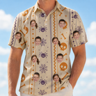 Model wearing Men's Webbed Bones Custom Face Polo Shirt printed with kids' faces