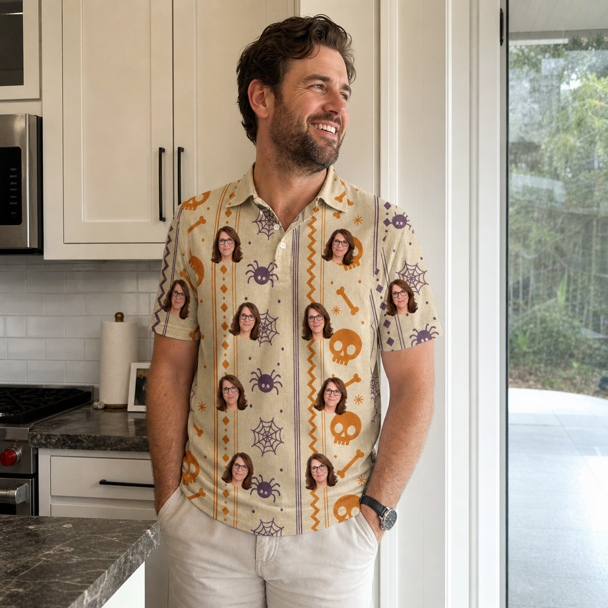 Real-life photo of someone wearing Men's Webbed Bones Custom Face Polo Shirt — custom faces printed all-over