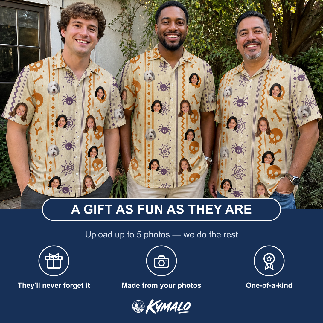 Friends in matching Men's Webbed Bones Custom Face Polo Shirt — a group gift photo