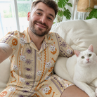 Selfie with the pet whose face is printed all over this Men's Webbed Bones Custom Cat Face Shirt & Shorts Set