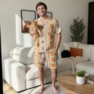 Full-length photo with the pet printed all over this Men's Webbed Bones Custom Cat Face Shirt & Shorts Set