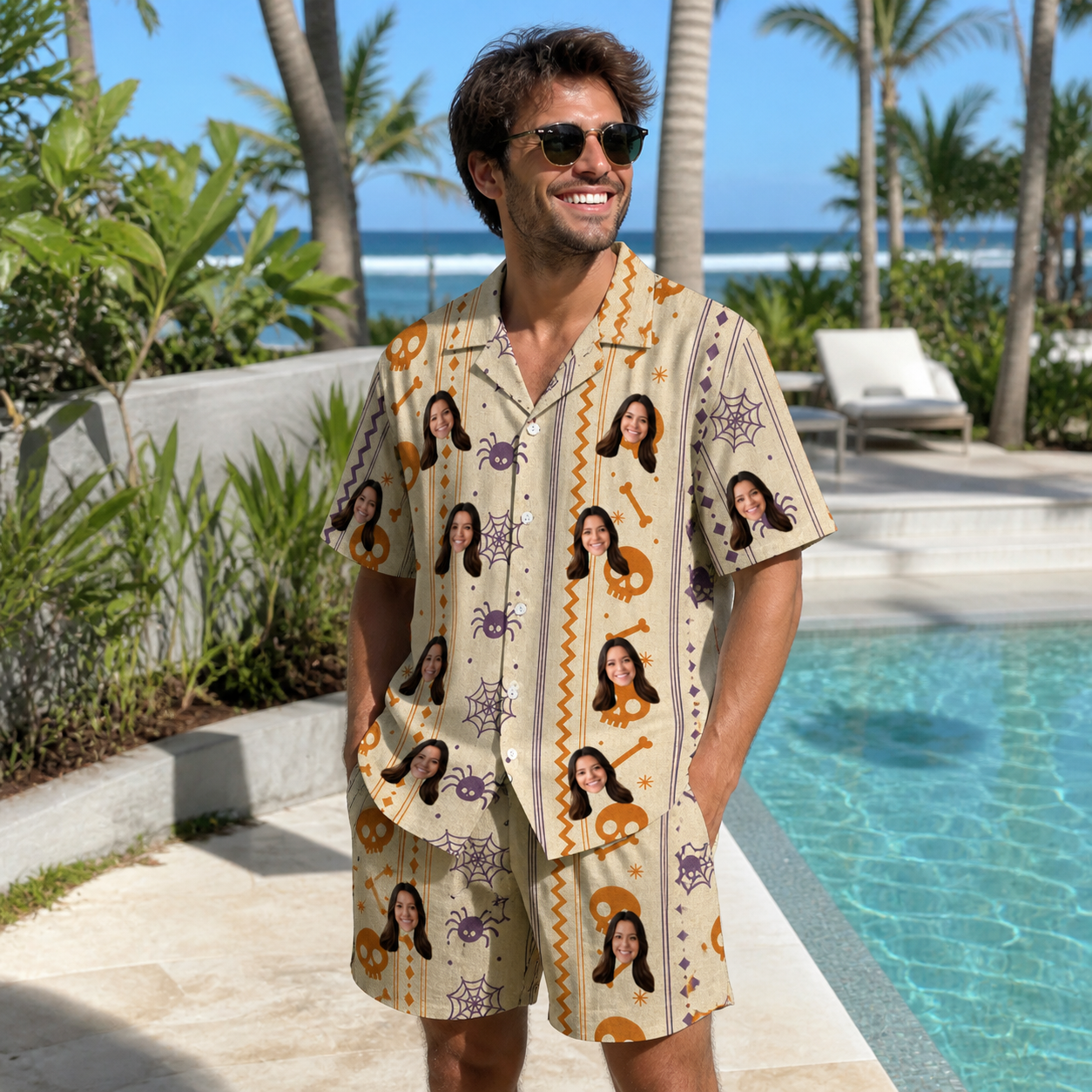 Real-life photo of someone wearing Men's Webbed Bones Custom Face Shirt & Shorts Set — custom faces printed all-over