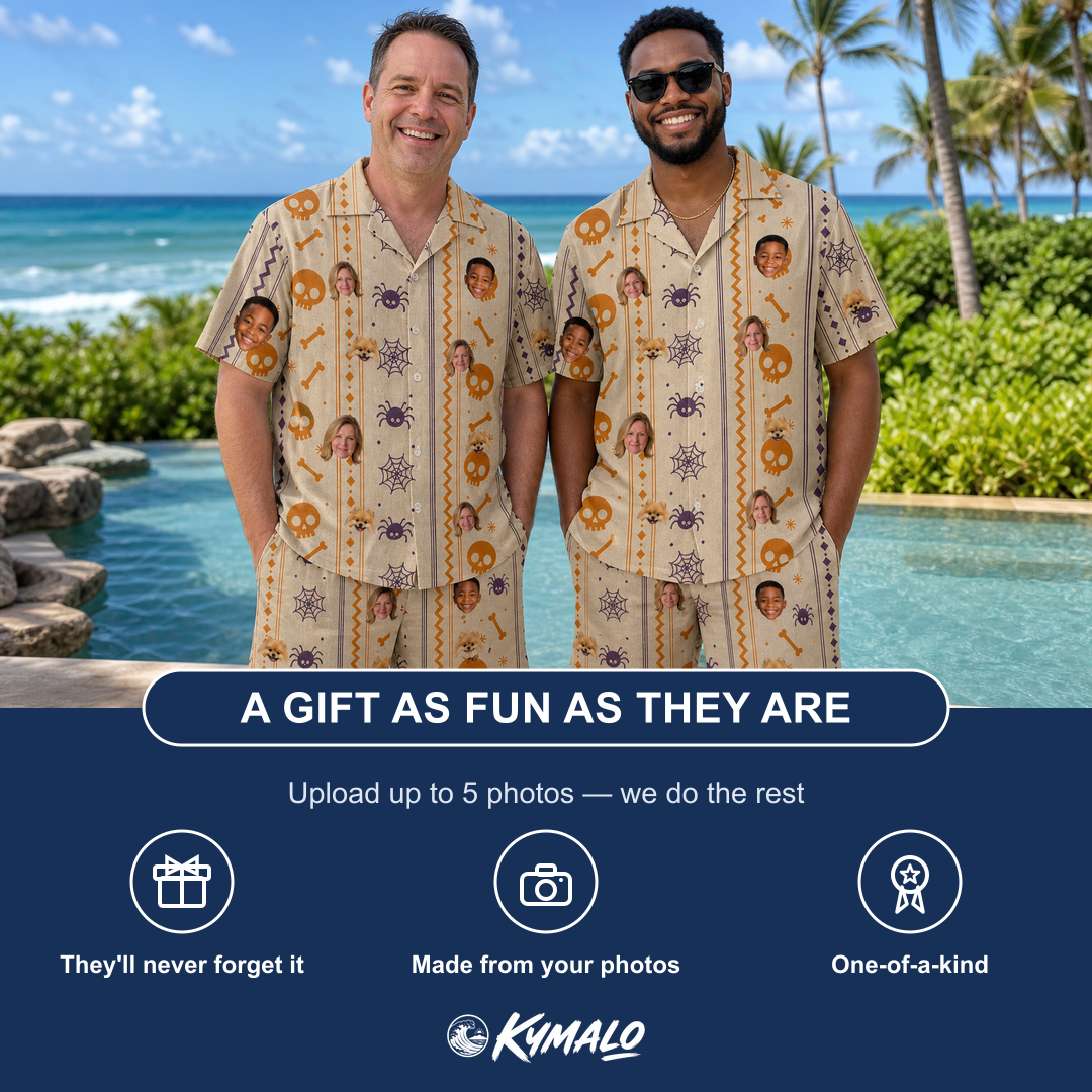 Friends in matching Men's Webbed Bones Custom Face Shirt & Shorts Set — a group gift photo