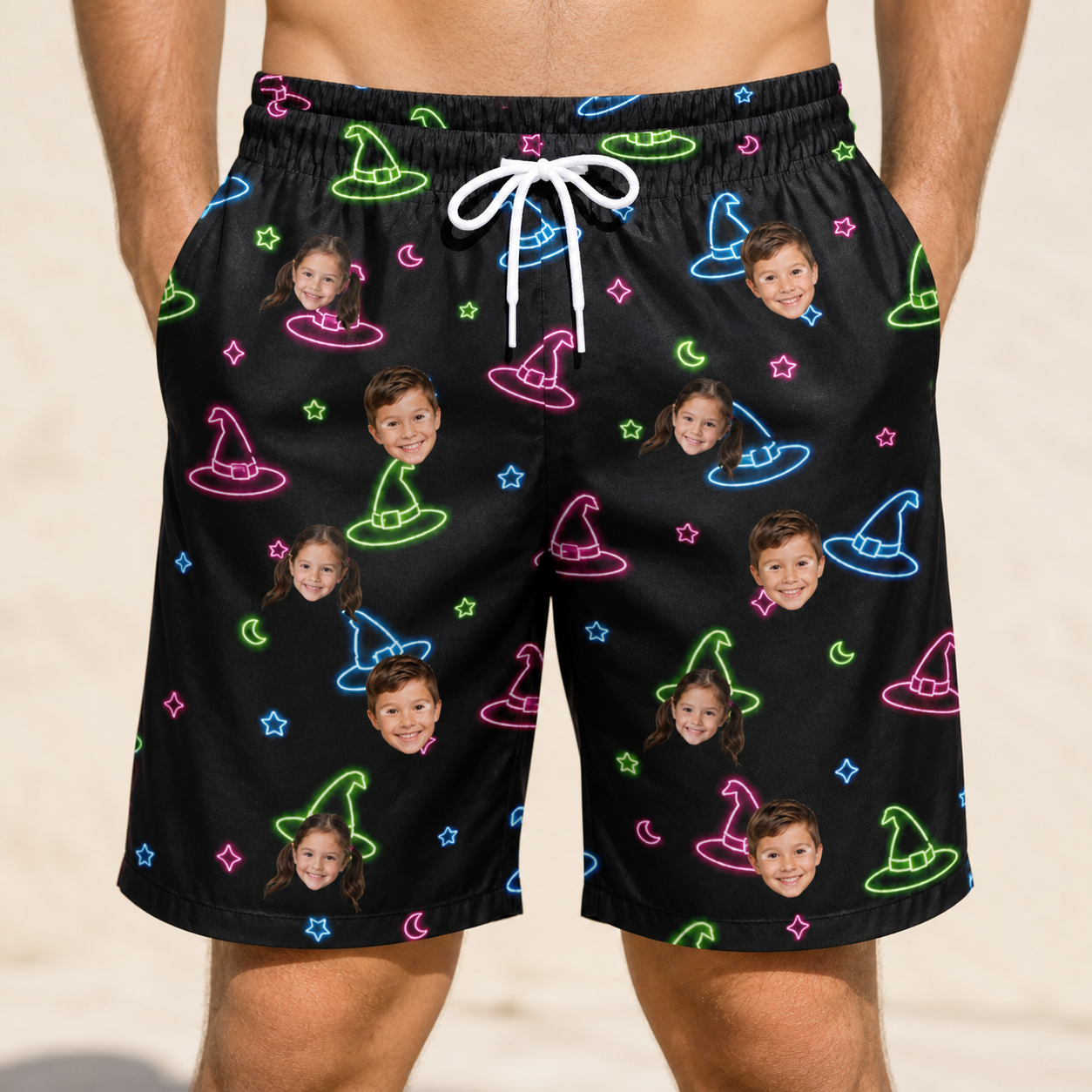 Model wearing Men's Moonlit Millinery Custom Face Beach Shorts printed with kids' faces