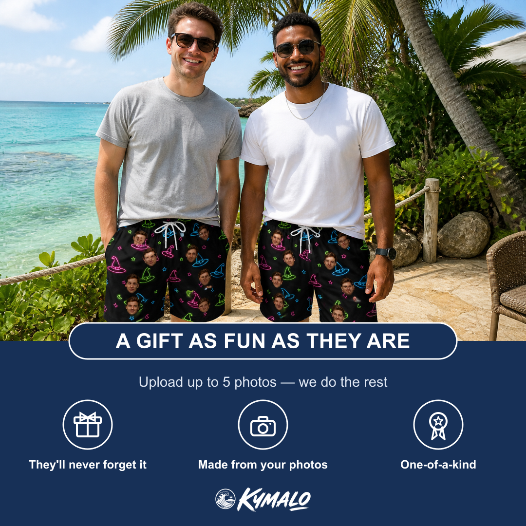 Friends in matching Men's Moonlit Millinery Custom Face Beach Shorts — a group gift photo