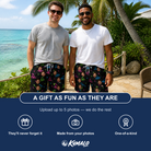 Friends in matching Men's Moonlit Millinery Custom Face Beach Shorts — a group gift photo