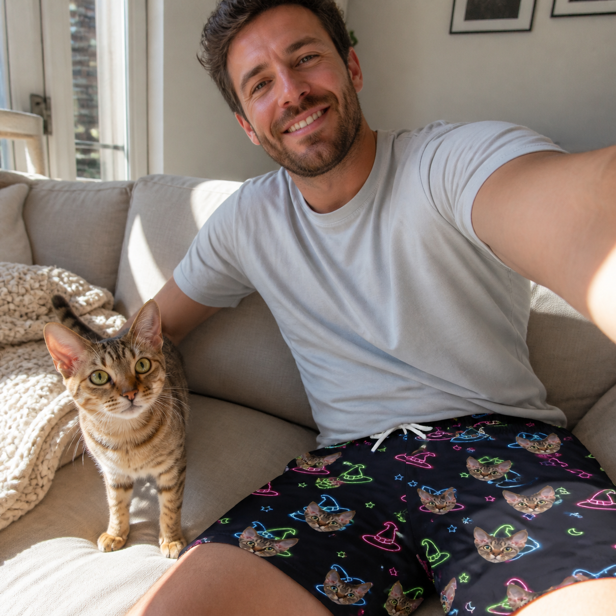 Selfie with the pet whose face is printed all over this Men's Moonlit Millinery Custom Cat Face Beach Shorts