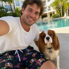 Selfie with the pet whose face is printed all over this Men's Moonlit Millinery Custom Dog Face Beach Shorts