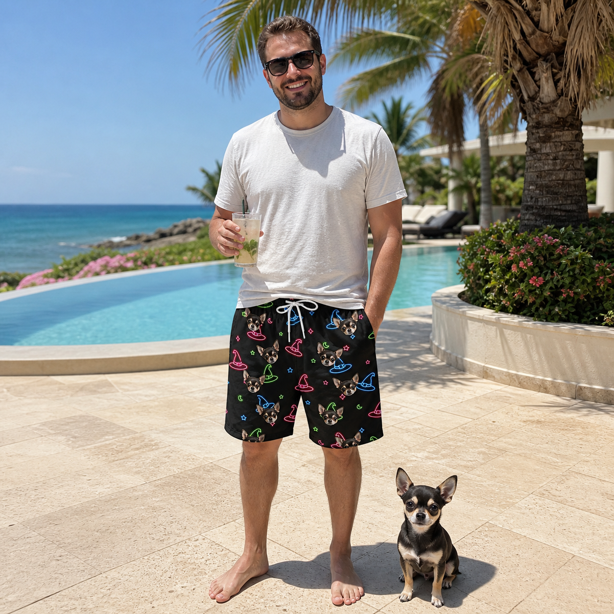 Full-length photo with the pet printed all over this Men's Moonlit Millinery Custom Dog Face Beach Shorts