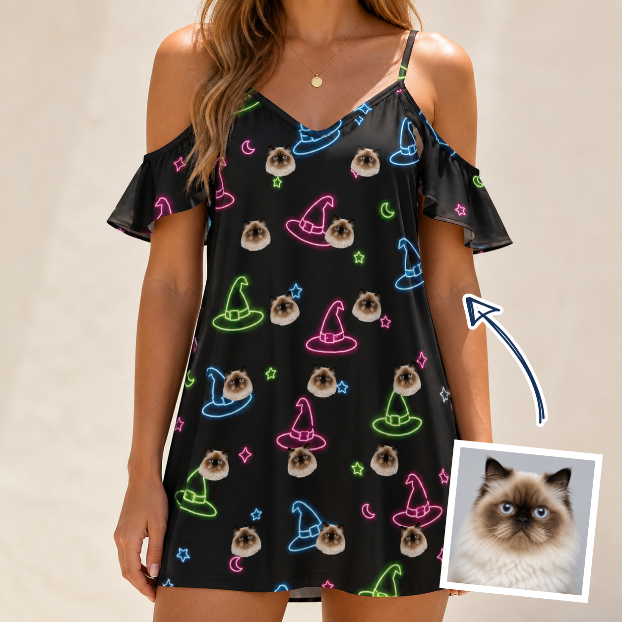 Woman wearing Women's Moonlit Millinery Custom Cat Face Off-Shoulder Dress — custom faces printed all-over