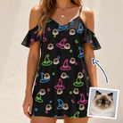 Woman wearing Women's Moonlit Millinery Custom Cat Face Off-Shoulder Dress — custom faces printed all-over