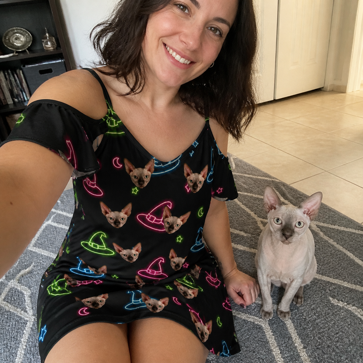 Selfie with the pet whose face is printed all over this Women's Moonlit Millinery Custom Cat Face Off-Shoulder Dress