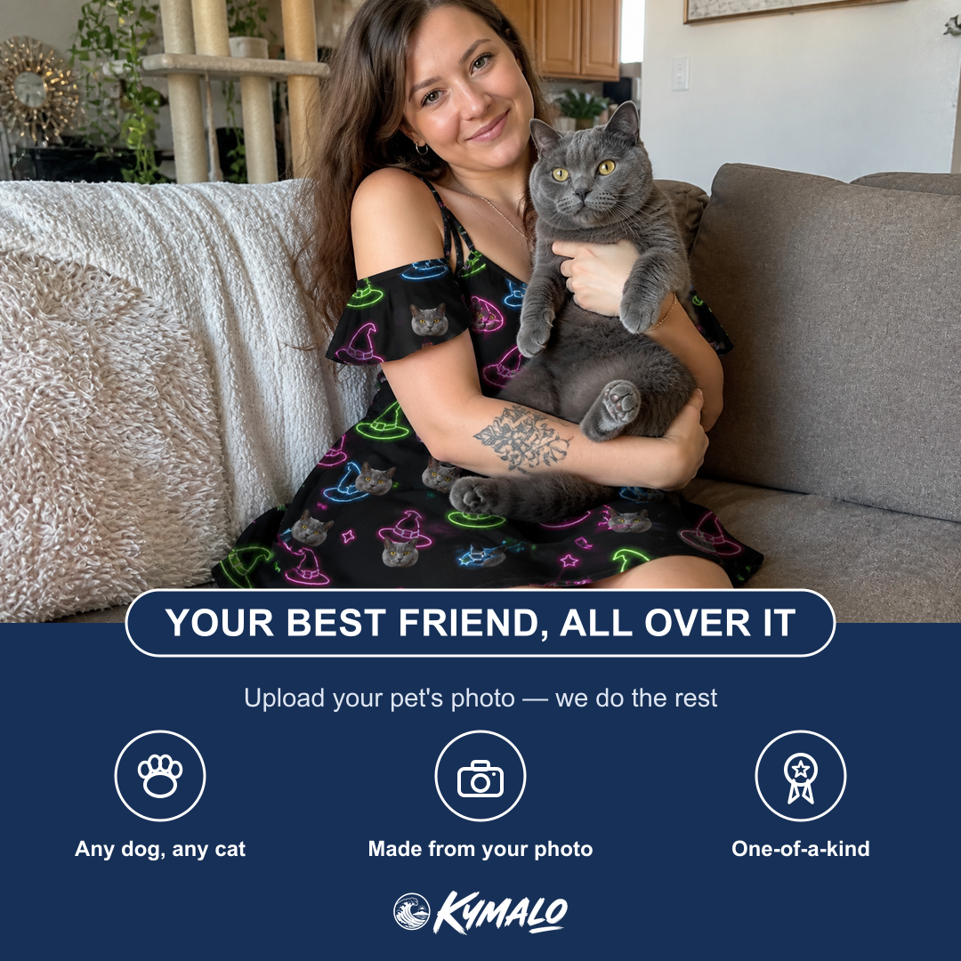 Friends in matching Women's Moonlit Millinery Custom Cat Face Off-Shoulder Dress — a group gift photo