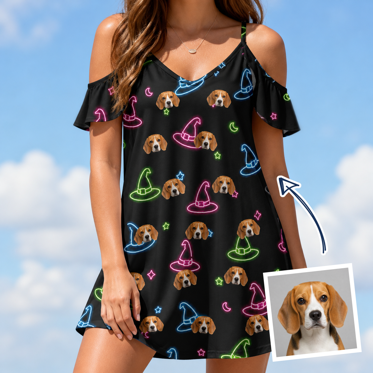 Woman wearing Women's Moonlit Millinery Custom Dog Face Off-Shoulder Dress — custom faces printed all-over