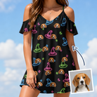 Woman wearing Women's Moonlit Millinery Custom Dog Face Off-Shoulder Dress — custom faces printed all-over