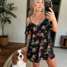 Selfie with the pet whose face is printed all over this Women's Moonlit Millinery Custom Dog Face Off-Shoulder Dress