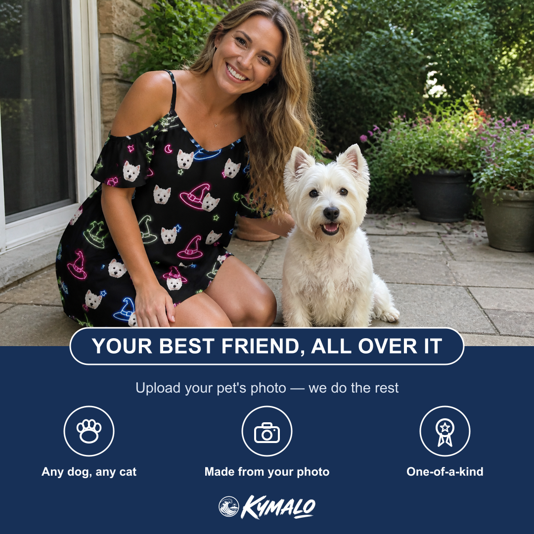 Friends in matching Women's Moonlit Millinery Custom Dog Face Off-Shoulder Dress — a group gift photo