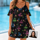 Woman wearing Women's Moonlit Millinery Custom Face Off-Shoulder Dress — custom faces printed all-over