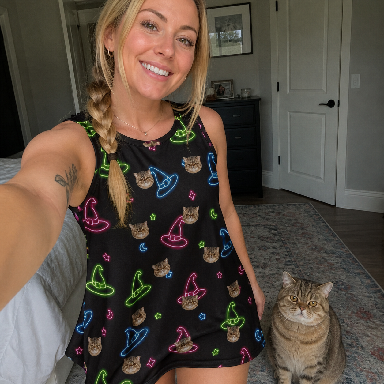 Selfie with the pet whose face is printed all over this Women's Moonlit Millinery Custom Cat Face Tank Dress