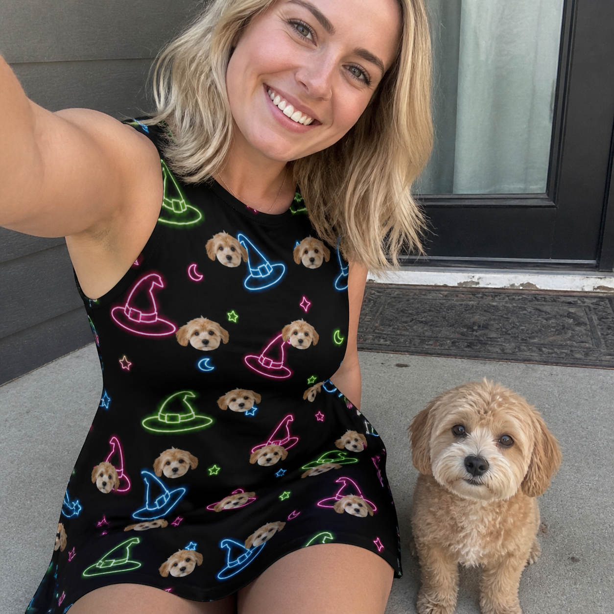 Selfie with the pet whose face is printed all over this Women's Moonlit Millinery Custom Dog Face Tank Dress