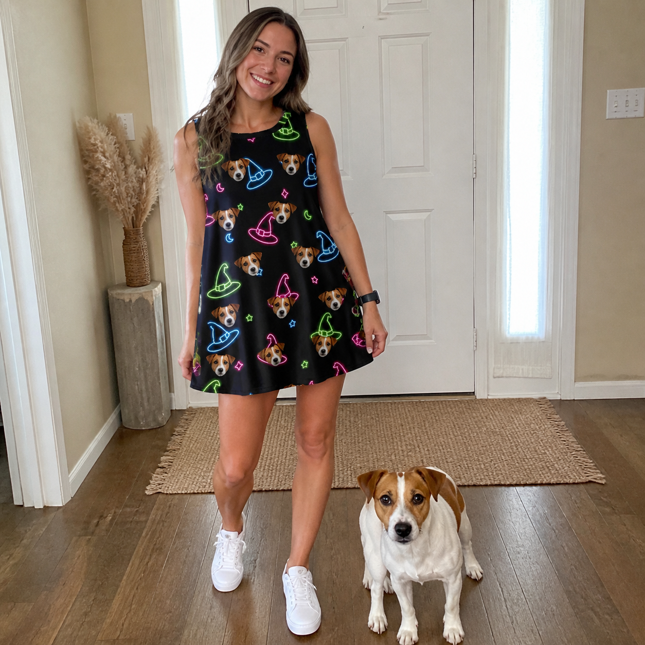 Full-length photo with the pet printed all over this Women's Moonlit Millinery Custom Dog Face Tank Dress
