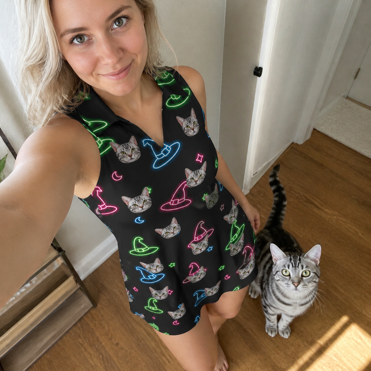 Selfie with the pet whose face is printed all over this Women's Moonlit Millinery Custom Cat Face V-Neck Dress