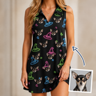 Woman wearing Women's Moonlit Millinery Custom Dog Face V-Neck Dress — custom faces printed all-over
