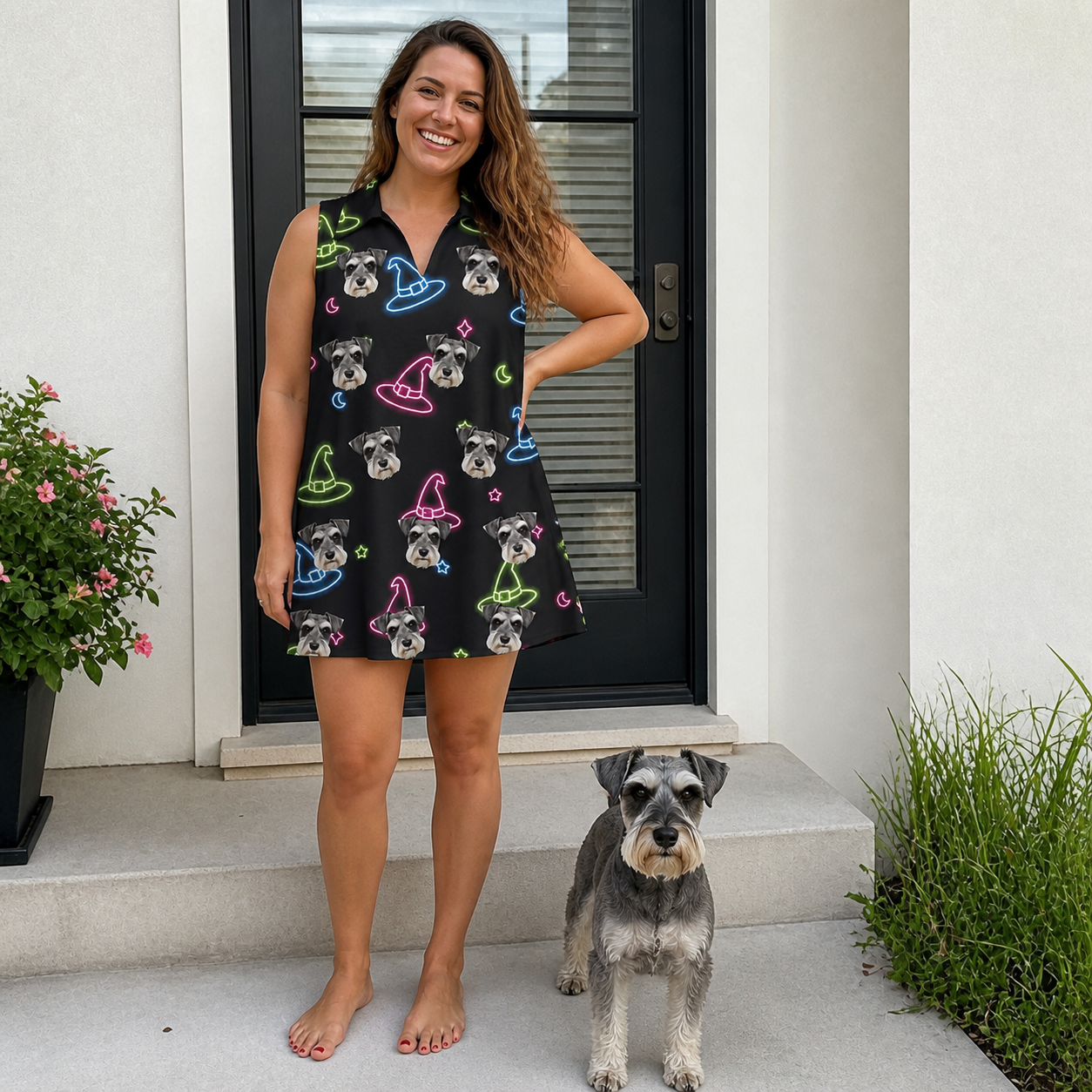 Full-length photo with the pet printed all over this Women's Moonlit Millinery Custom Dog Face V-Neck Dress