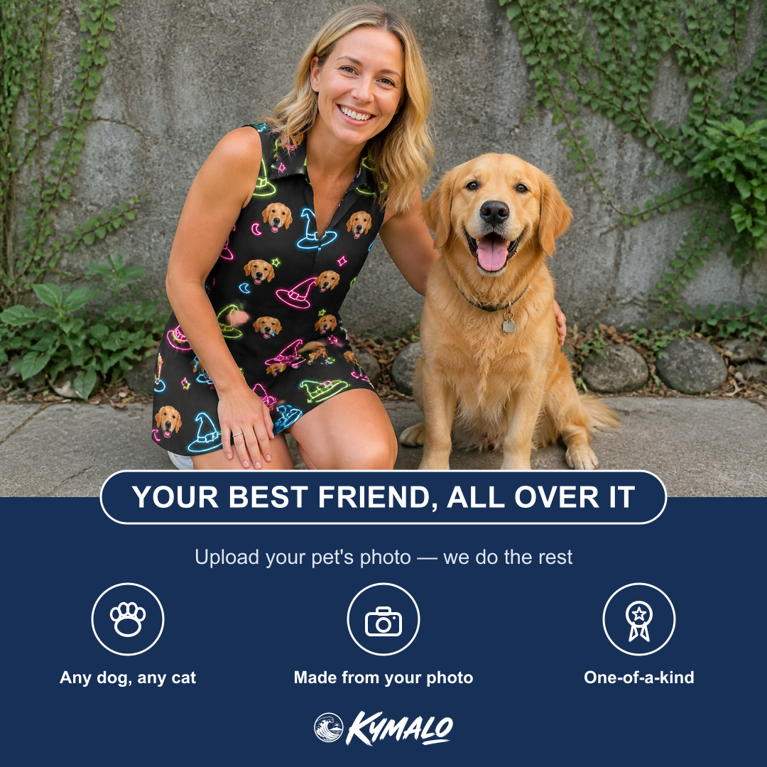 Friends in matching Women's Moonlit Millinery Custom Dog Face V-Neck Dress — a group gift photo