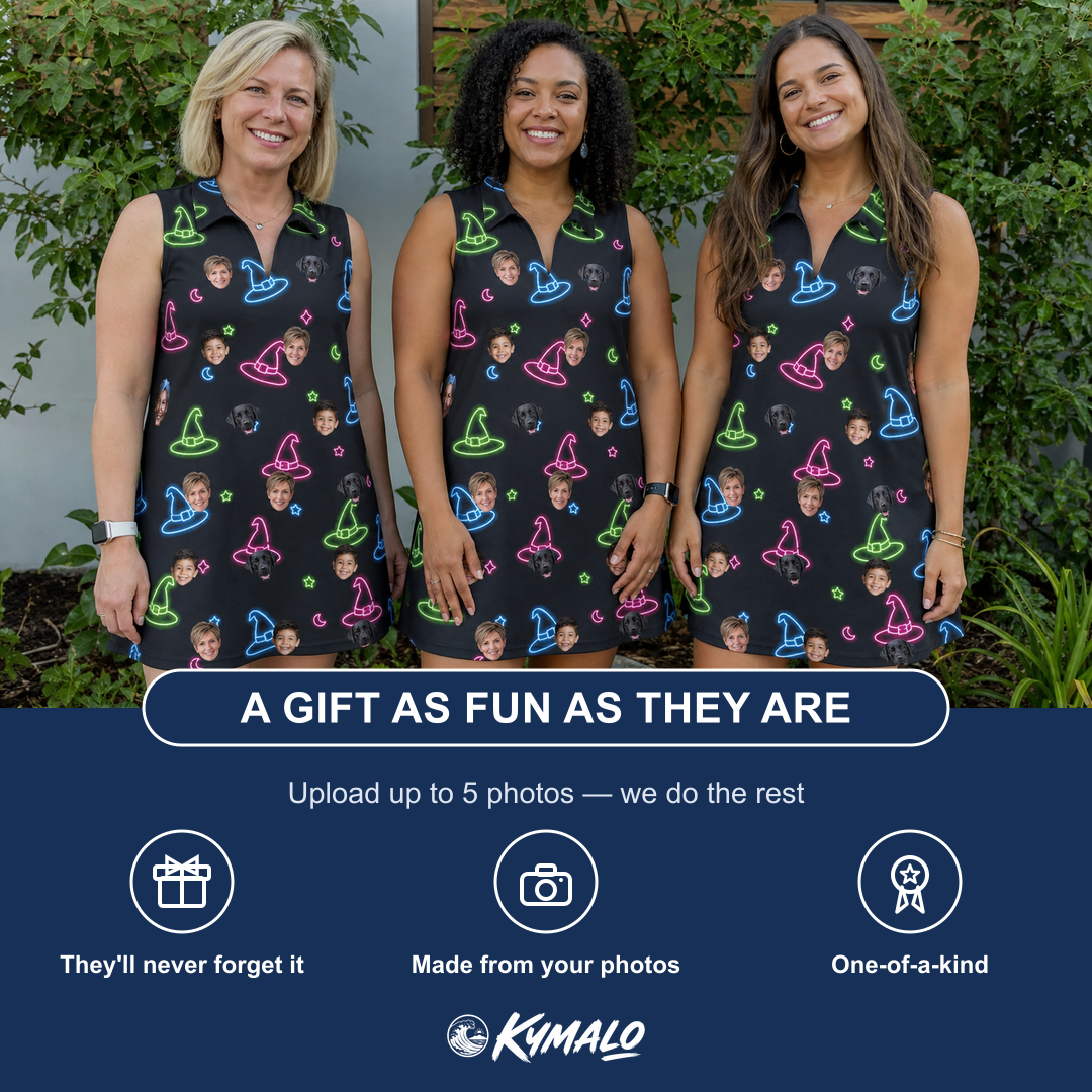 Friends in matching Women's Moonlit Millinery Custom Face V-Neck Dress — a group gift photo