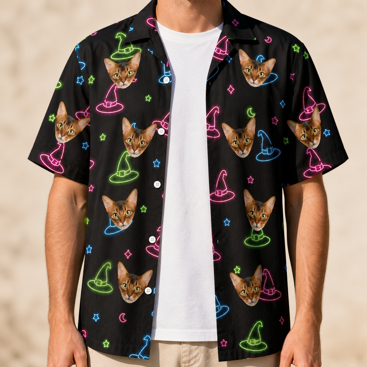 Man wearing Men's Moonlit Millinery Custom Cat Face Hawaiian Shirt open over a white tee