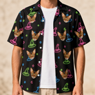 Man wearing Men's Moonlit Millinery Custom Cat Face Hawaiian Shirt open over a white tee