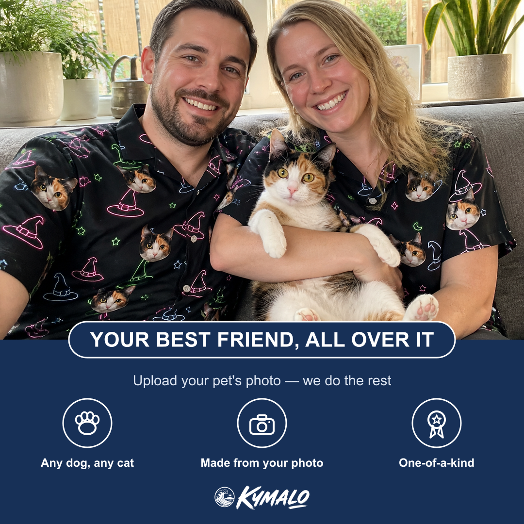 Friends in matching Men's Moonlit Millinery Custom Cat Face Hawaiian Shirt — a group gift photo