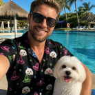 Selfie with the pet whose face is printed all over this Men's Moonlit Millinery Custom Dog Face Hawaiian Shirt