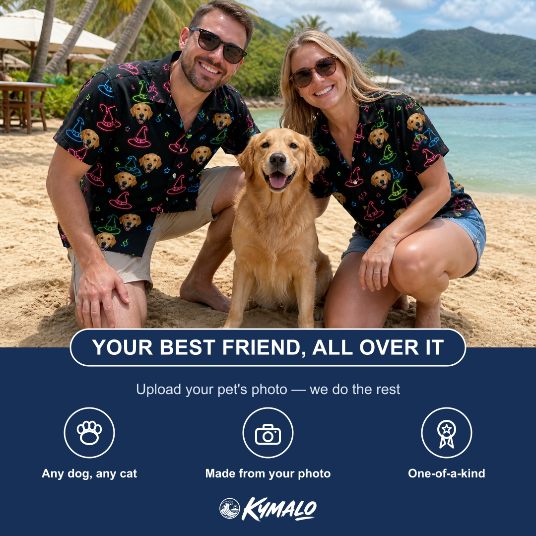 Friends in matching Men's Moonlit Millinery Custom Dog Face Hawaiian Shirt — a group gift photo
