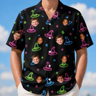 Model wearing Men's Moonlit Millinery Custom Face Hawaiian Shirt printed with kids' faces