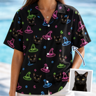 Woman wearing Women's Moonlit Millinery Custom Cat Face Hawaiian Shirt — custom faces printed all-over