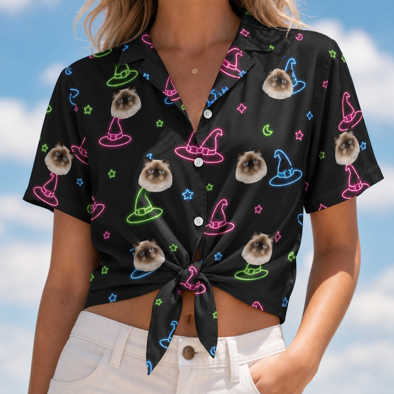 Woman wearing Women's Moonlit Millinery Custom Cat Face Hawaiian Shirt tied at the waist