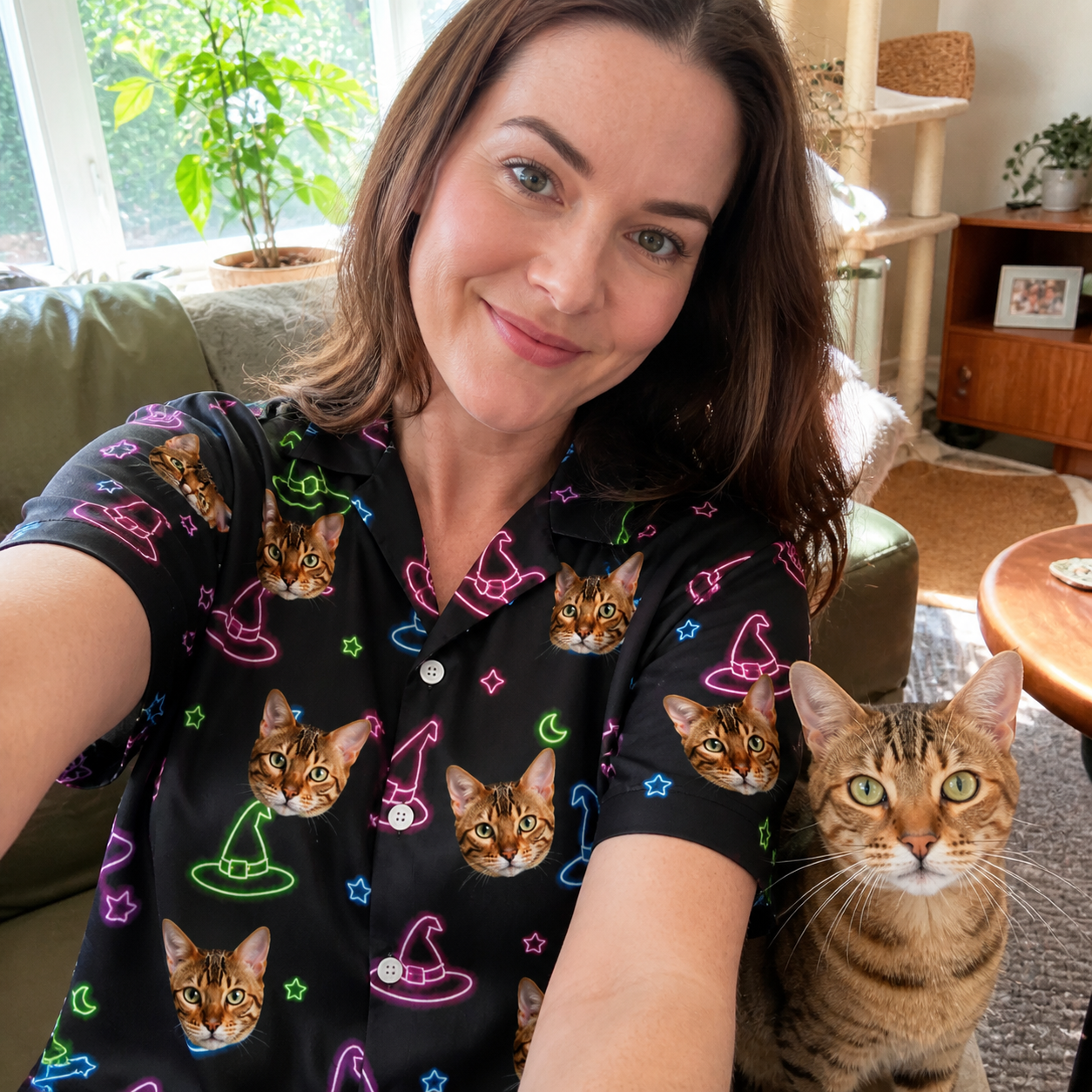 Selfie with the pet whose face is printed all over this Women's Moonlit Millinery Custom Cat Face Hawaiian Shirt