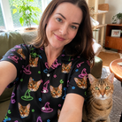 Selfie with the pet whose face is printed all over this Women's Moonlit Millinery Custom Cat Face Hawaiian Shirt