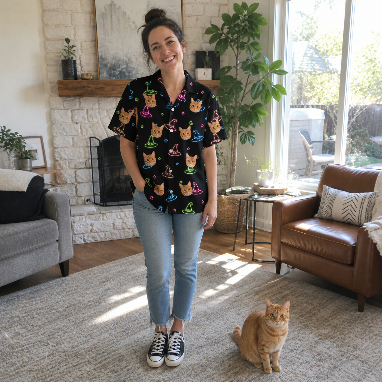 Full-length photo with the pet printed all over this Women's Moonlit Millinery Custom Cat Face Hawaiian Shirt