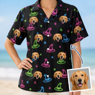 Woman wearing Women's Moonlit Millinery Custom Dog Face Hawaiian Shirt — custom faces printed all-over