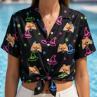 Woman wearing Women's Moonlit Millinery Custom Dog Face Hawaiian Shirt tied at the waist
