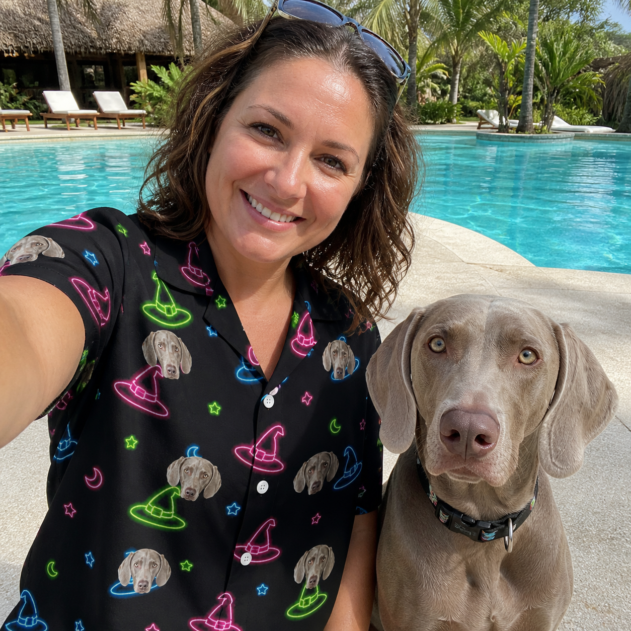 Selfie with the pet whose face is printed all over this Women's Moonlit Millinery Custom Dog Face Hawaiian Shirt