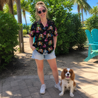 Full-length photo with the pet printed all over this Women's Moonlit Millinery Custom Dog Face Hawaiian Shirt