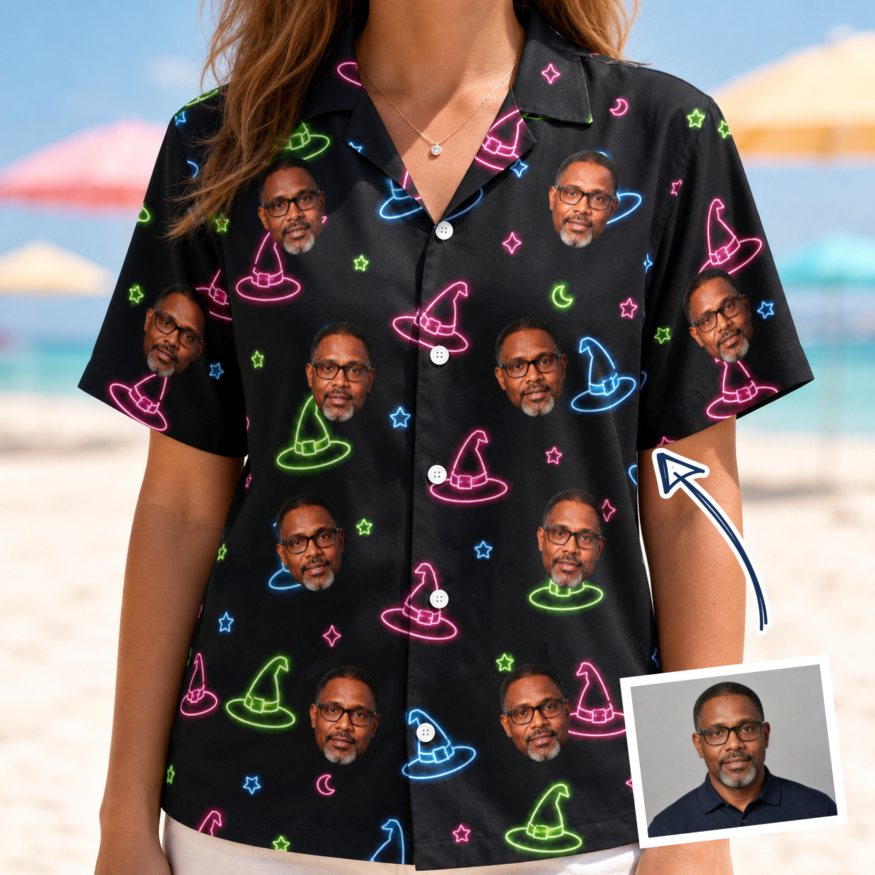 Woman wearing Women's Moonlit Millinery Custom Face Hawaiian Shirt — custom faces printed all-over