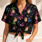 Woman wearing Women's Moonlit Millinery Custom Face Hawaiian Shirt tied at the waist