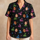 Model wearing Women's Moonlit Millinery Custom Face Hawaiian Shirt printed with kids' faces